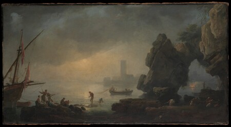 Impression fine art haut de gamme made in France sur toile ou poster encadré. Scène de port avec une grotte et des pêcheurs transportant des filets...