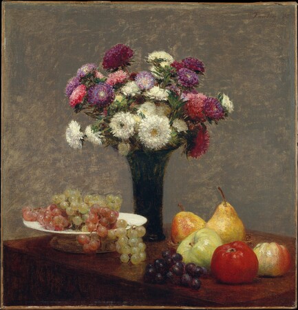 Impression haut de gamme made in France sur toile fine art ou poster encadré. Asters et fruits sur une table...