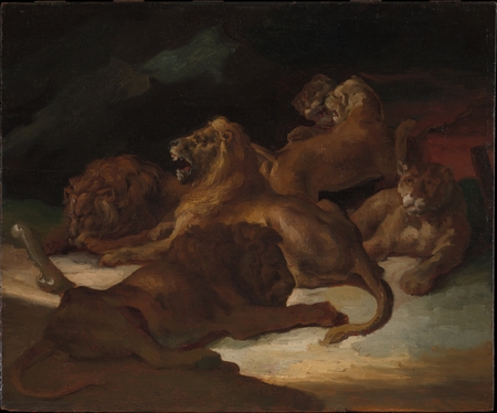 Toile d’art haut de gamme made in France imprimée ou affiche encadrée. Lions dans un paysage montagneux...