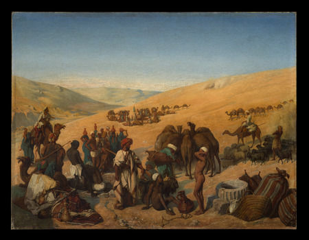 Affiche encadrée haut de gamme fine art made in France ou toile imprimée. Arrêt des caravanes aux puits de Saba (Beersheba) dans le désert au sud d'Hébron...