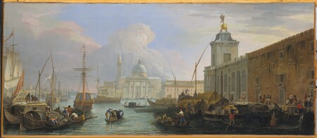 Affiche encadrée haut de gamme en France fine art ou toile imprimée. Le Bacino, Venise, avec la Dogana et une vue lointaine de l'Isola di San Giorgio...