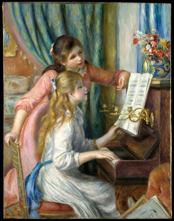 Toile premium fine art made in France ou affiche encadrée d’art. Deux jeunes filles au piano...