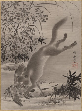 Toile premium fine art made in France ou affiche encadrée d’art. Renard attrapant l'oiseau...