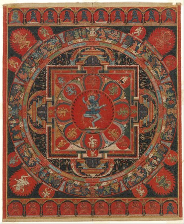 Impression d'affiche encadrée ou toile fine art made in France. Mandala Hevajra. Hevajra apparaît ici sous sa forme à trois têtes et à quatre bras...