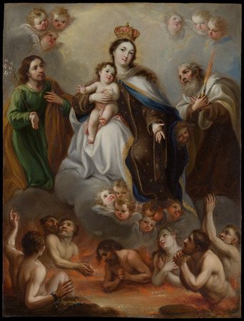 Poster encadré ou impression sur toile réalisée en France. La Vierge de Carmen et les âmes du purgatoire avec saint Joseph et le prophète Élie...
