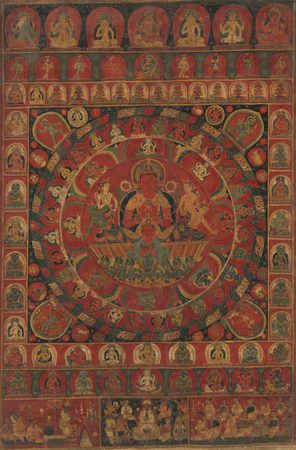 Toile imprimée ou poster encadré d'origine française. Mandala du dieu solaire Surya entouré de huit divinités planétaires...