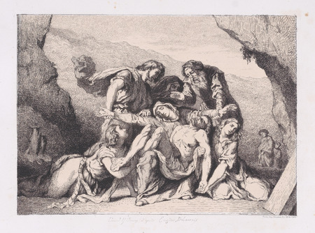 Affiche encadrée en France ou toile fine art imprimée. La pitié. Cette gravure reproduit la Pietà de Delacroix achevée en 1844 à Saint-Denys-du-Saint-Sacrement, Paris...