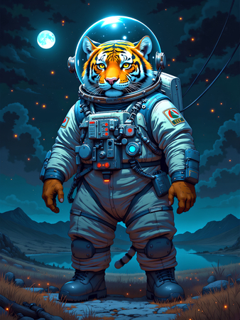Tableau tigre astronaute en exclusivité sur Decotab, inspiré de l'univers de Sylvain Binet. Un visuel audacieux pour une déco tendance et inédite.
