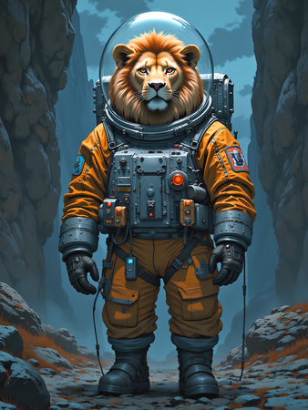 Tableau lion astronaute en exclusivité sur Decotab, inspiré de l'univers de Sylvain Binet. Une œuvre forte et inattendue pour une déco cosmique unique.