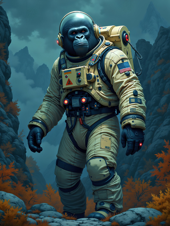 Tableau gorille astronaute en exclusivité sur Decotab, inspiré de l'univers de Sylvain Binet. Un mélange saisissant de puissance brute et d’imaginaire spatial.