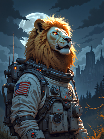 Tableau lion astronaute en exclusivité sur Decotab, inspiré de l'univers de Sylvain Binet. Une œuvre forte et inattendue pour une déco cosmique unique.