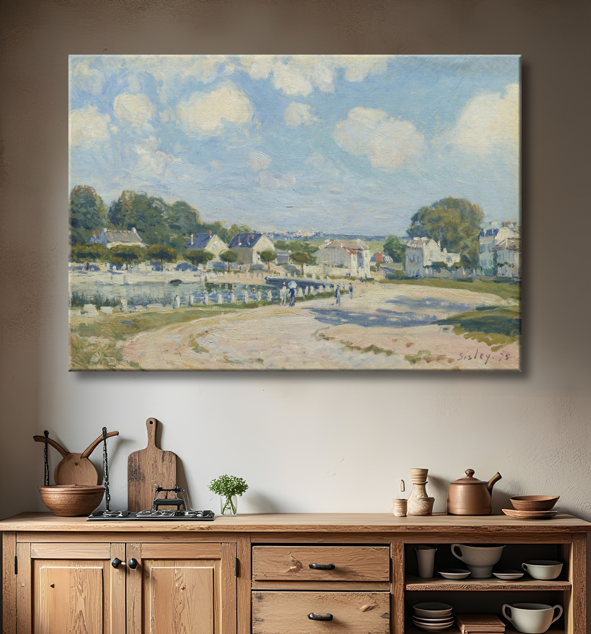 Reproduction de l'Abreuvoir à Marly de Sisley, 1875. Huile sur toile, Art Institute of Chicago. Paysage impressionniste. Fabrication française.