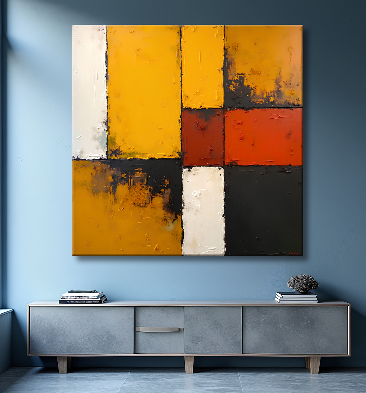 Tableau abstrait dans les tons ocre jaune, formes carrées et rectangulaires sur fond clair. Une composition minimaliste à la texture subtile, imprimée en qualité d'art.
