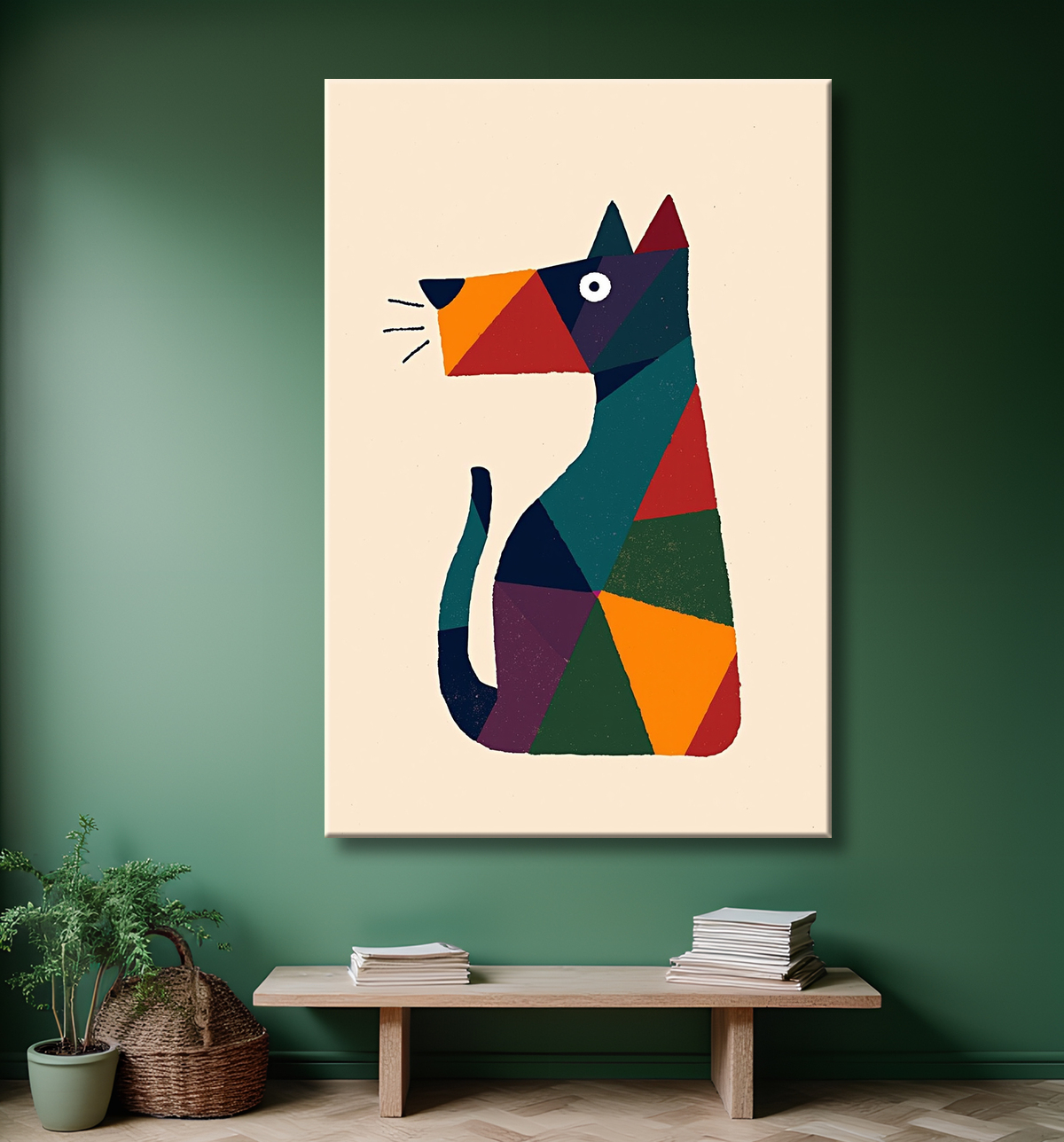Tableau minimaliste représentant un chien stylisé, conçu à partir de formes géométriques modernes et de couleurs dynamiques. Parfait pour une décoration épurée et actuelle.