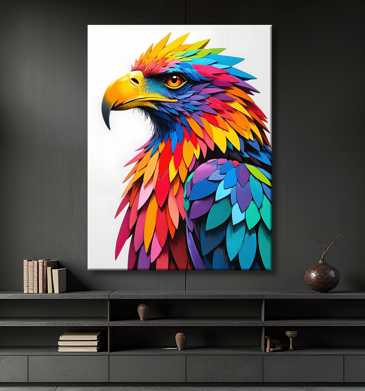 Tableau moderne d'aigle royal en pop art : un jeu de couleurs éclatantes et de touches de peinture dynamiques sur fond blanc. Fabrication française sur-mesure.