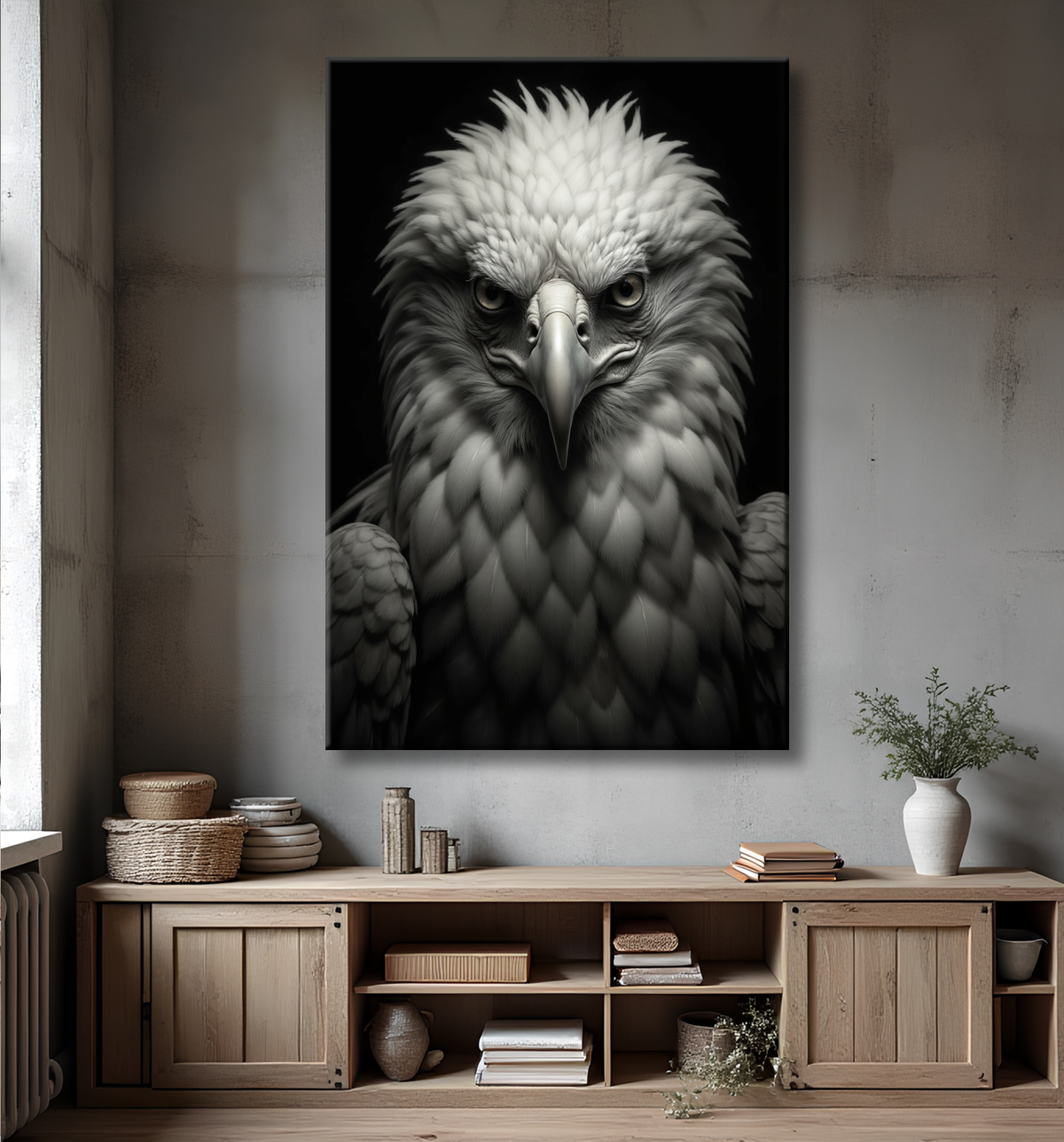 Portrait d’aigle royal photographié sur fond noir. Tableau décoratif puissant, noble et épuré, décliné en plusieurs formats. Une création exclusive DECOTAB, fabriquée en France.