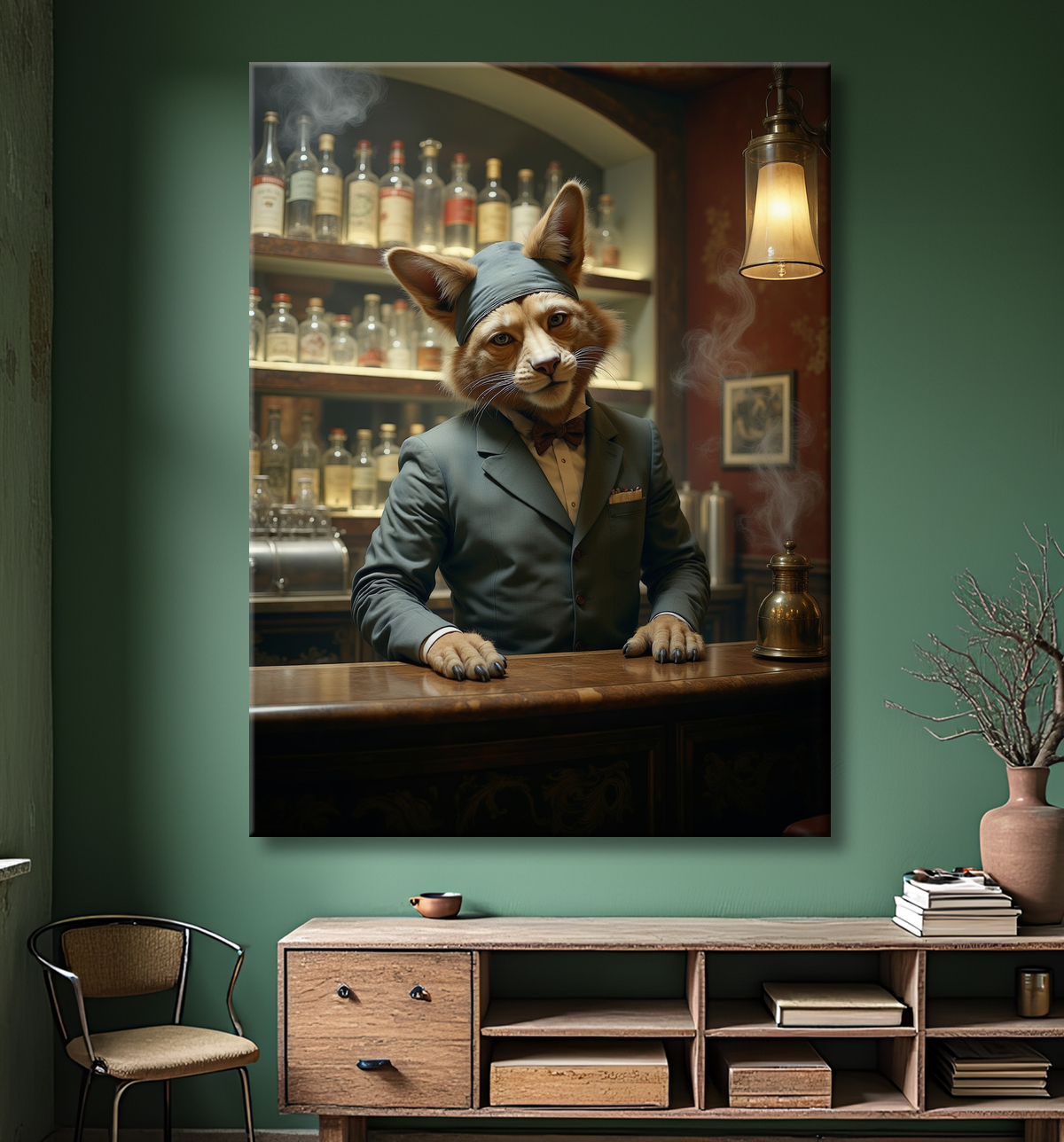 Tableau original représentant un canidé anthropomorphique en serveur de bar vintage. Une œuvre unique et amusante, idéale pour décorer un bar ou un hôtel.