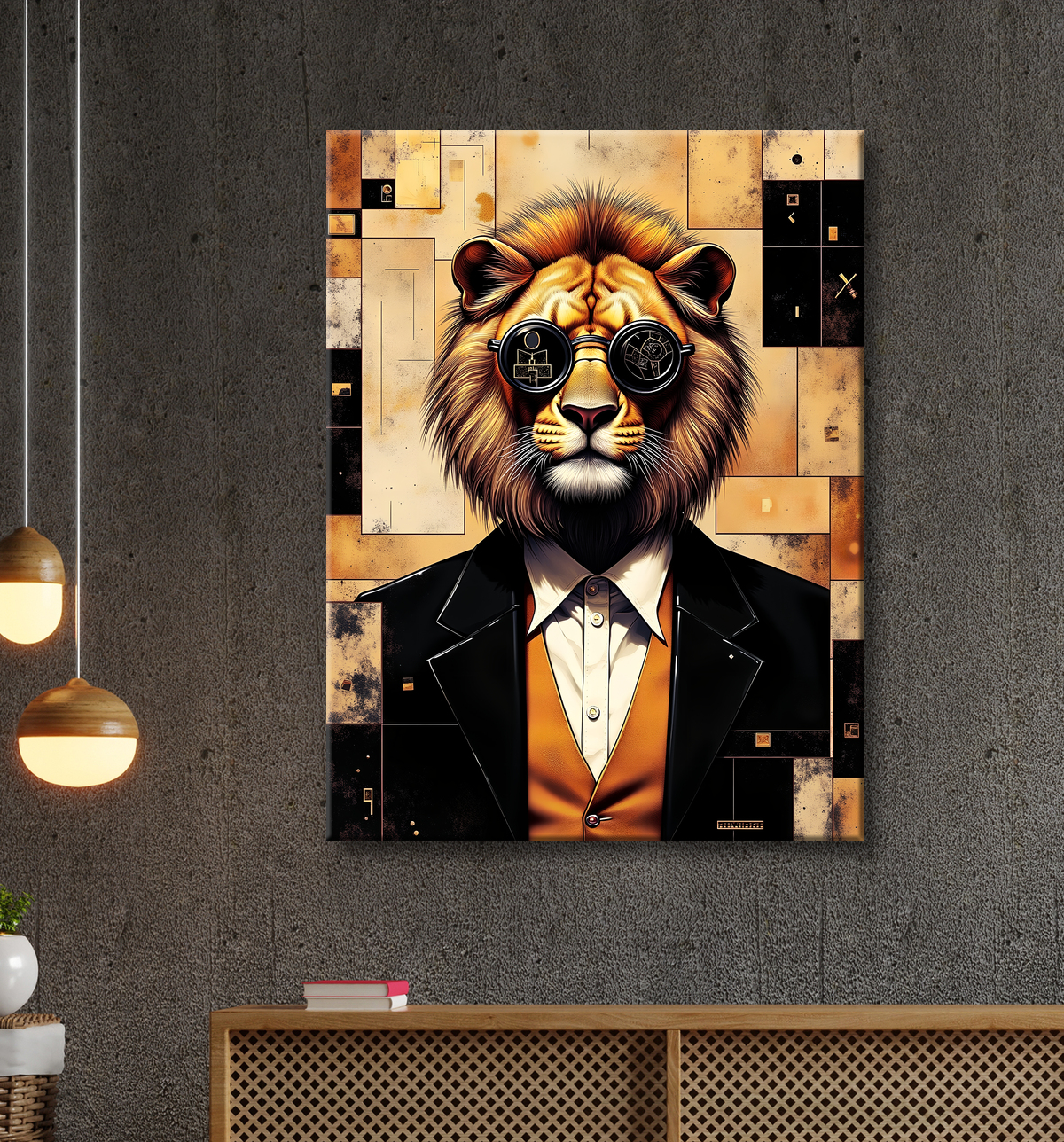 Tableau original d’un lion anthropomorphe dans une ambiance abstraite et hypnotique. Illustration moderne, puissante et captivante, exclusivement disponible chez DECOTAB.