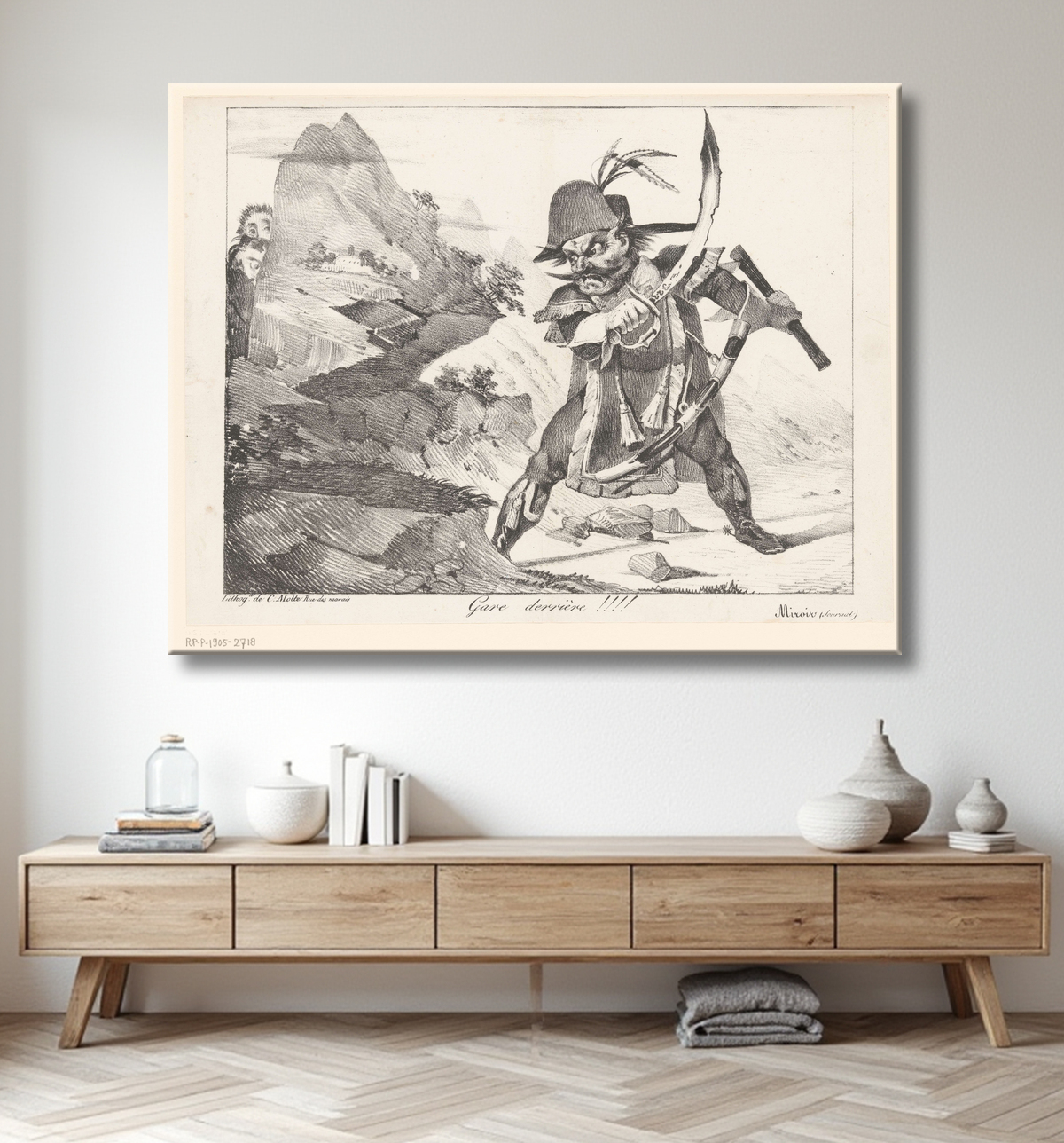 Poster fine art fabriqué en France ou toile imprimée. Caricature d'un général frappant les rochers avec son cimeterre...