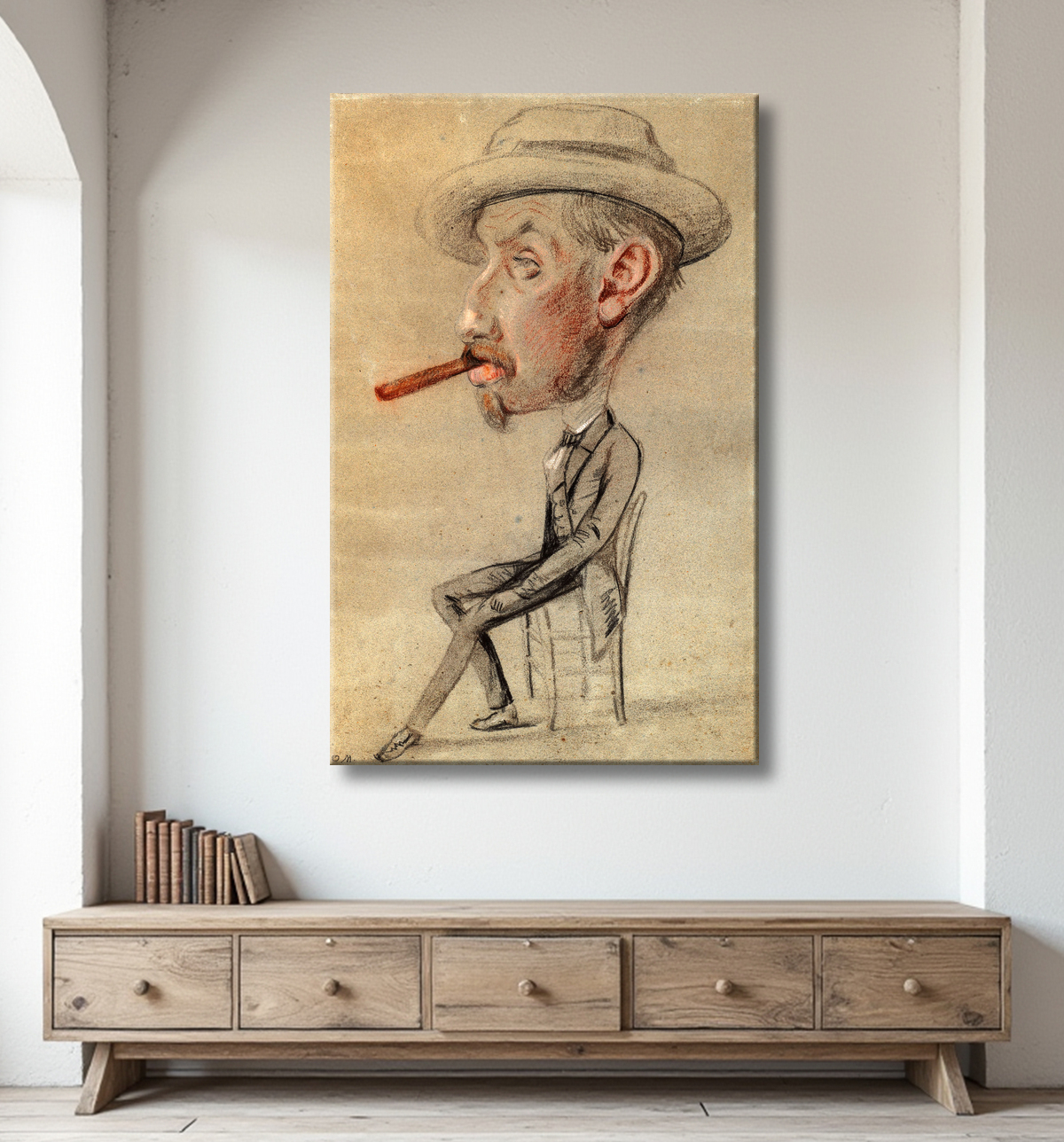 Reproduction sur toile ou poster encadré de la caricature d'un homme au gros cigare par Claude Monet. Craies colorées sur papier bleu. Fabrication française.