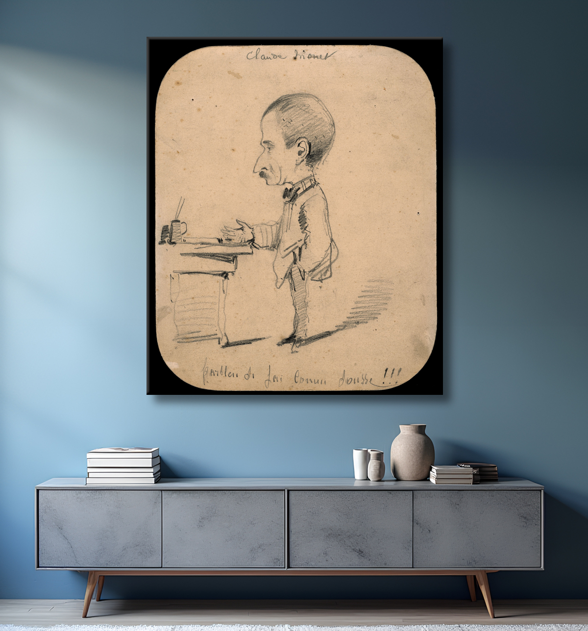 Reproduction de la caricature d'un homme debout par bureau (recto/verso) par Claude Monet, c. 1855. Mine de plomb sur vélin crème. Fabrication française.