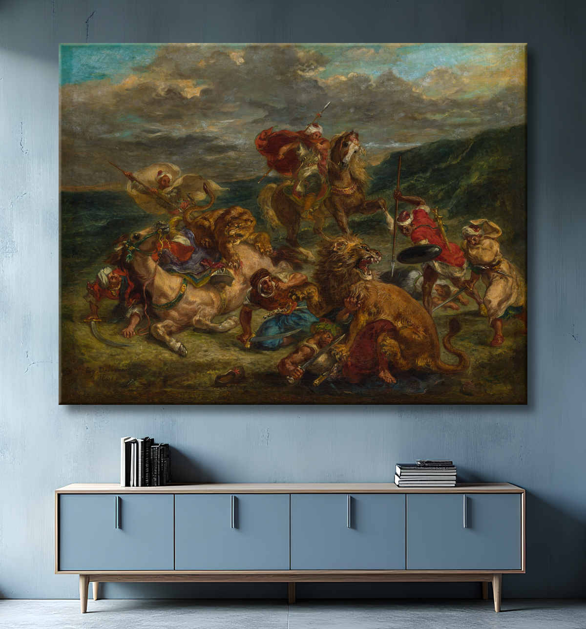 Toile d’art premium imprimée en France ou affiche encadrée. Chasse au Lion...