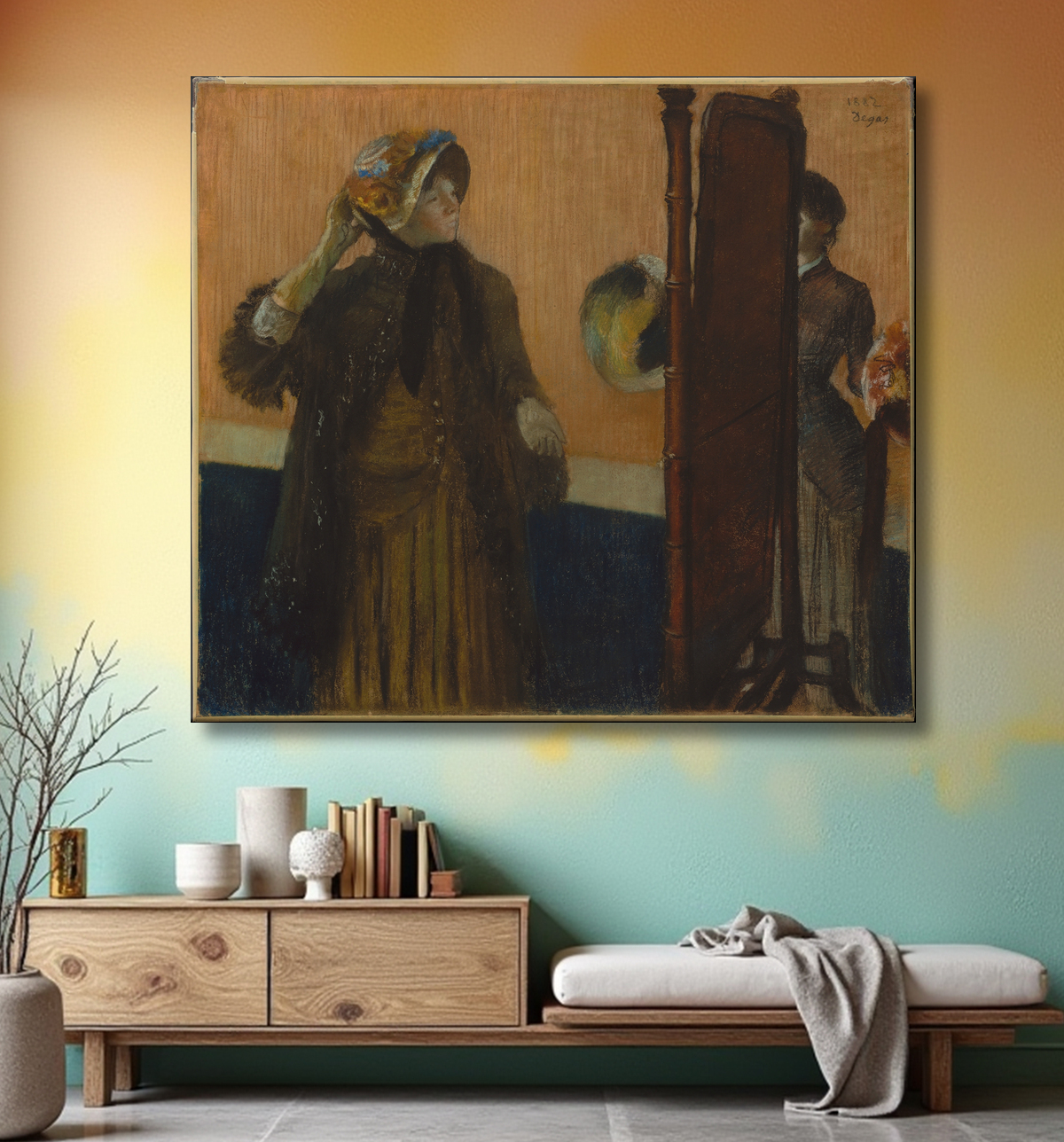 Reproduction Chez la modiste de Edgar Degas avec decor