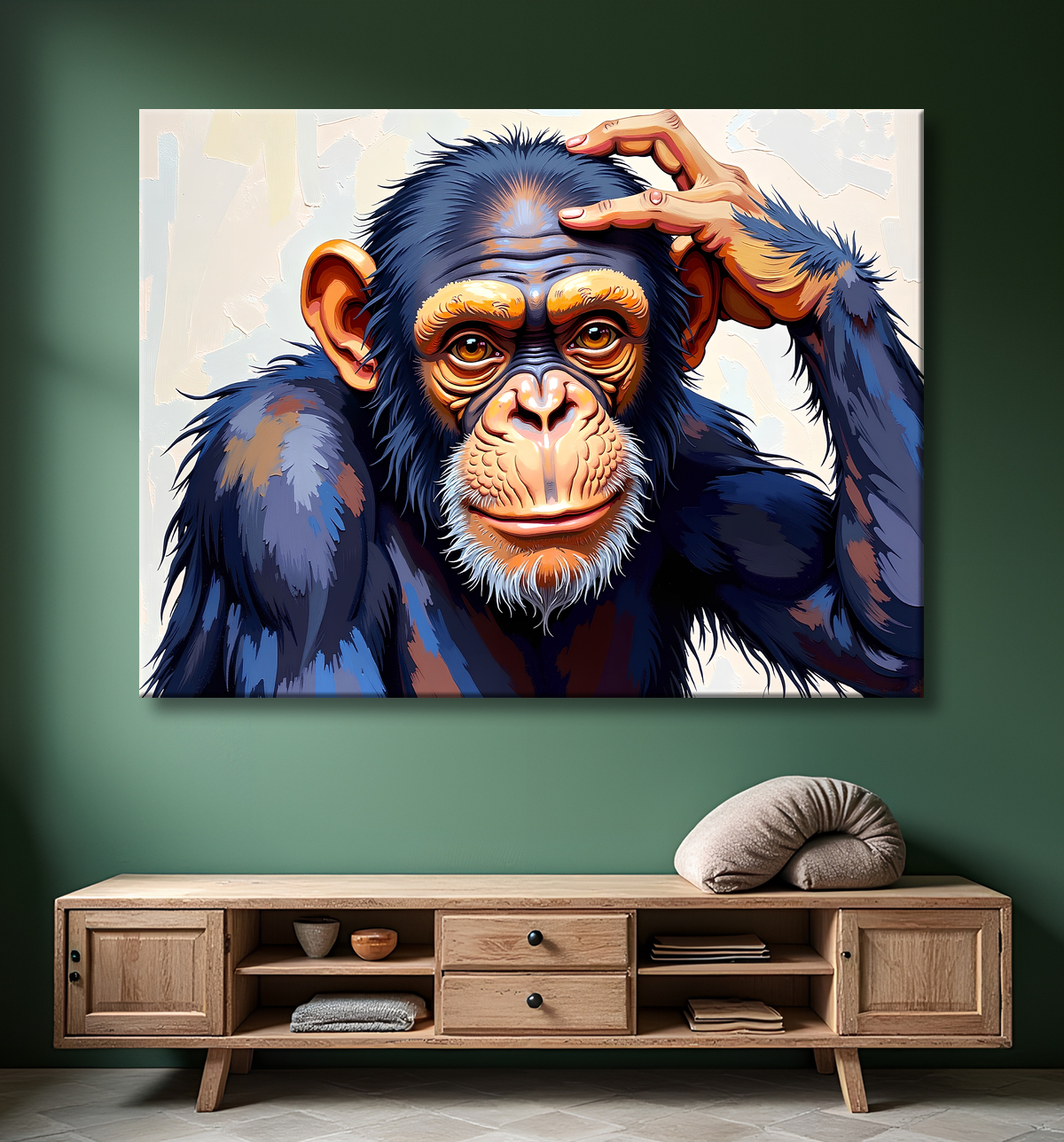 Tableau chimpanzé pensif style peinture – Fond clair, rendu élégant avec decor