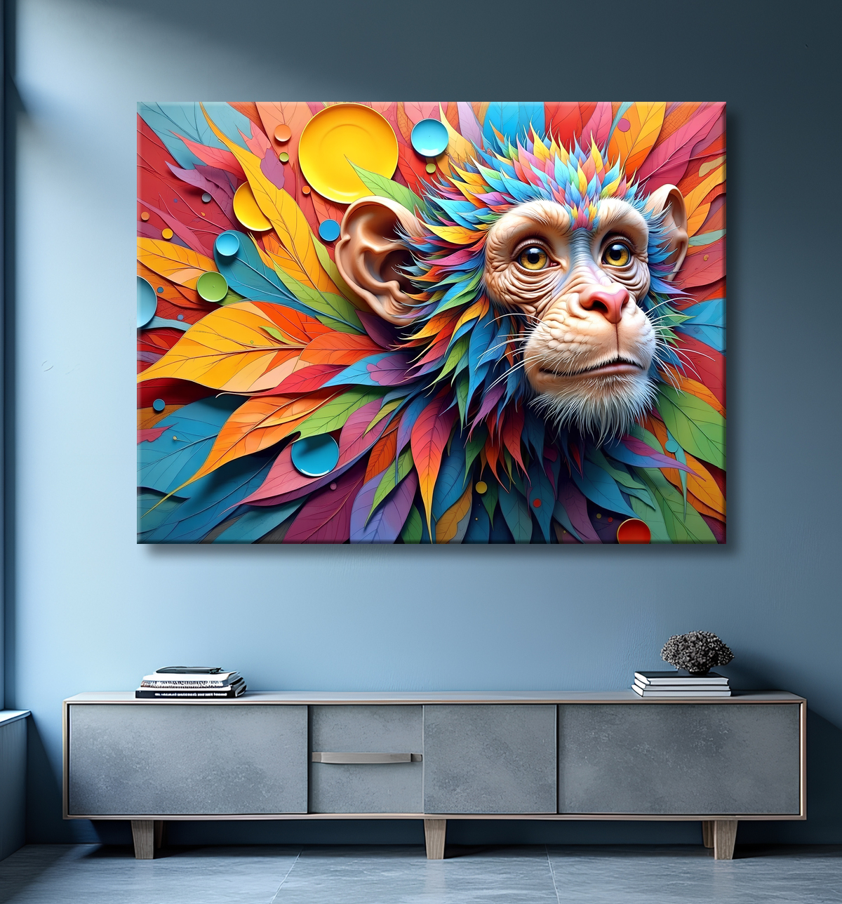 Une couronne de feuilles colorées, chacune entière et nervurée, posées à plat les unes sur les autres autour d'un singe. Façonnage français.