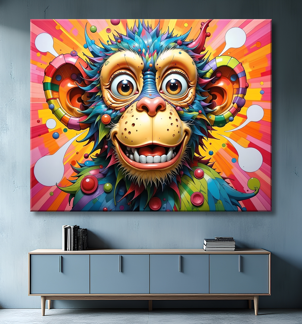 Portrait de chimpanzé dans un style pop art éclaté : formes colorées, jets de peinture, éclaboussures. Un tableau expressif et décalé, décliné en plusieurs versions. Exclusivité DECOTAB.