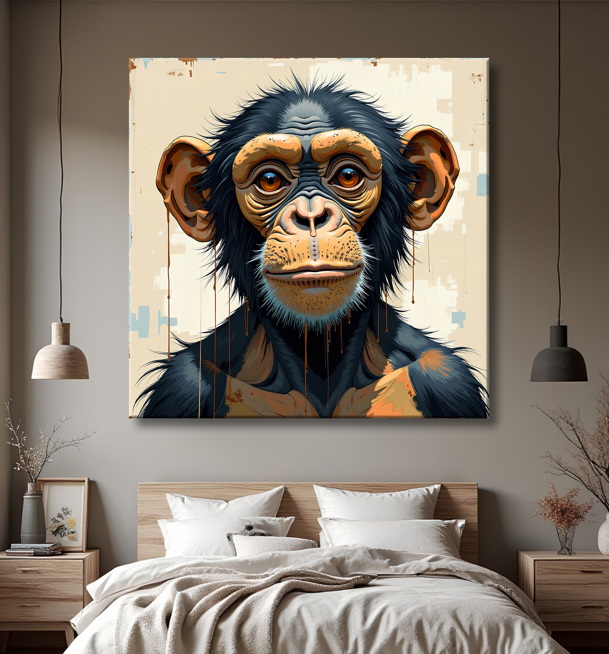 Chimpanzé bleu-noir peint de face, coulures de rouille tombant des oreilles et du menton sur un fond crème écaillé. Tirage français sur toile.