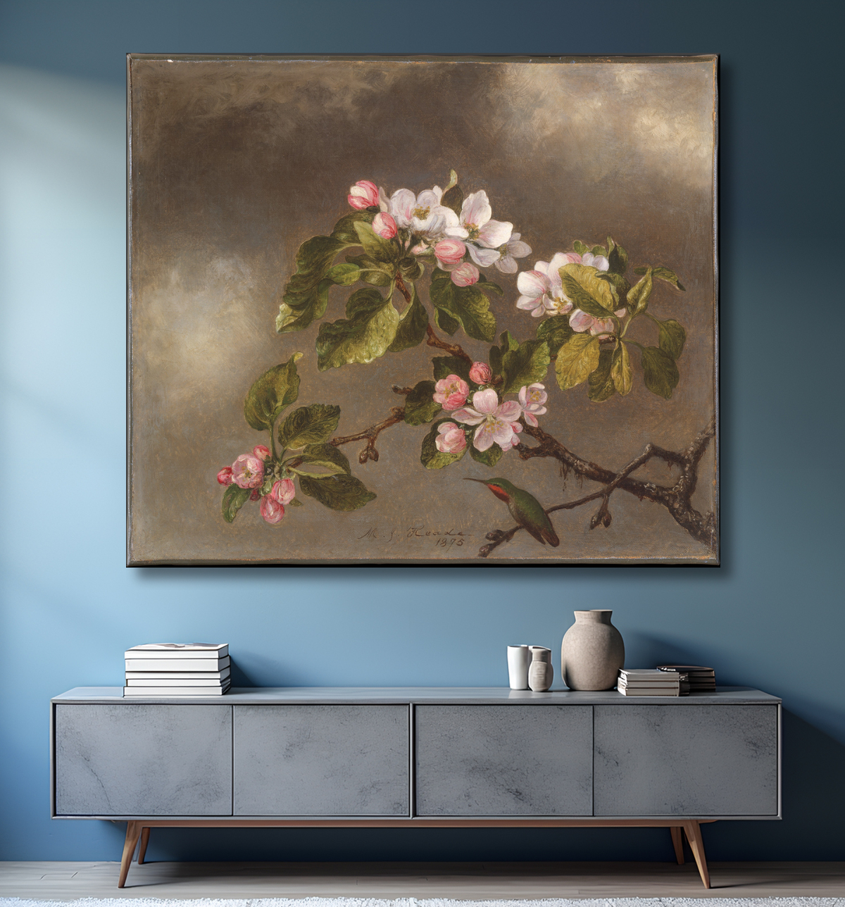 Affiche encadrée de qualité ou toile fine art made in France. Colibri et fleurs de pommier...