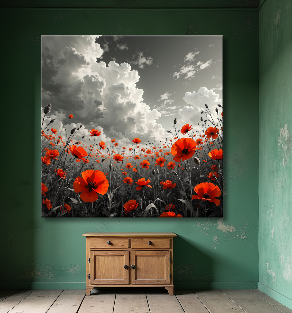 Prise très bas, au niveau des tiges, cette toile carrée dresse coquelicots rouges et formes closes grises devant un ciel de nuages. Fabrication française.