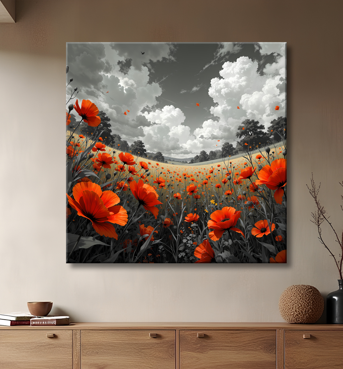 Coquelicots rouges sur un champ doré dont l'horizon s'incurve, sous un ciel gris parcouru de petites formes suspendues. Toile d'art française.
