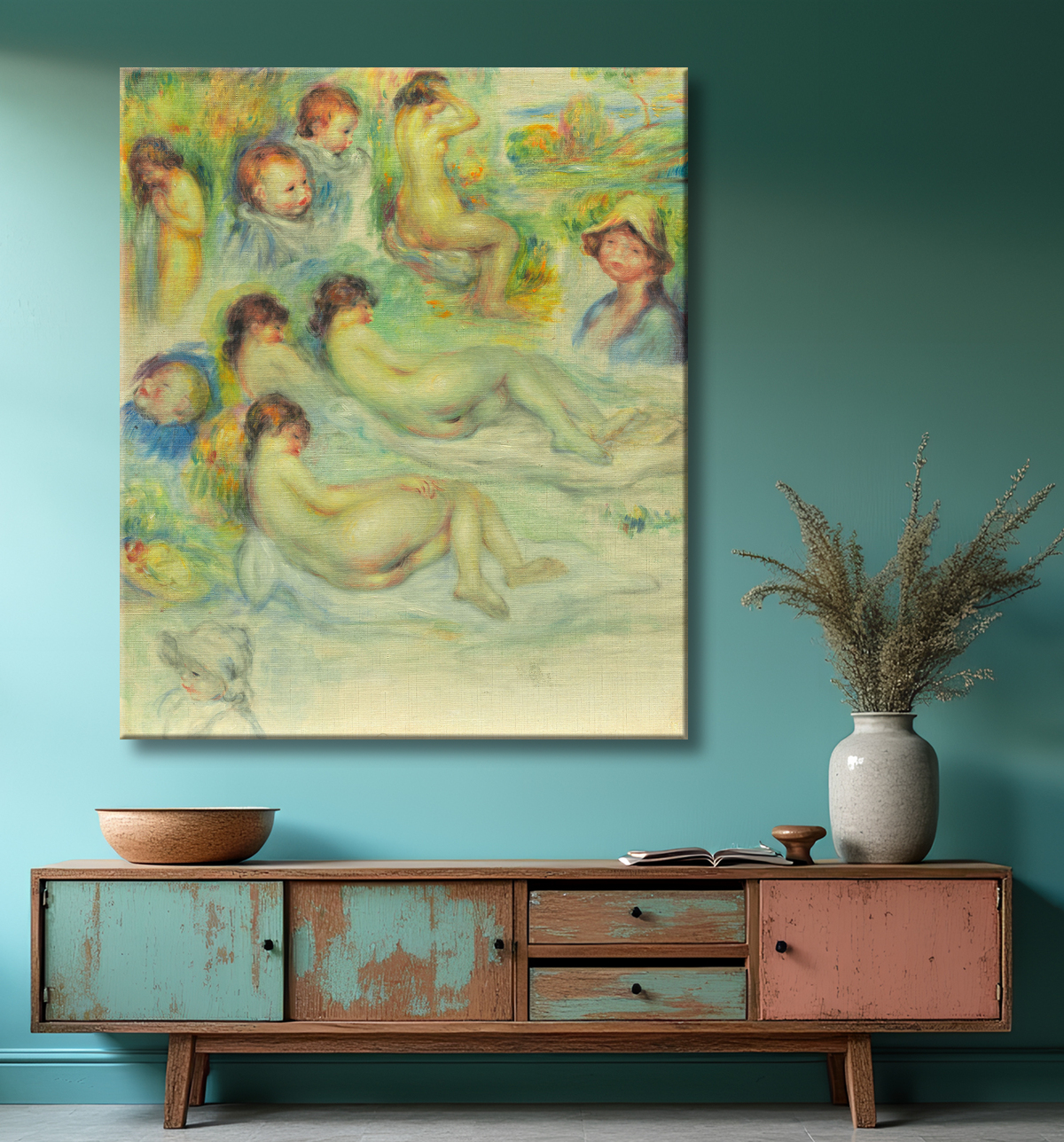 Reproduction Études de Pierre Renoir ; sa mère, Aline Charigot ; Nus; et paysage de Pierre-Auguste Renoir avec decor