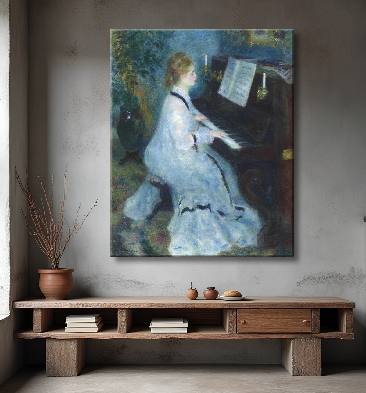 Reproduction femme au piano de Pierre-Auguste Renoir avec decor