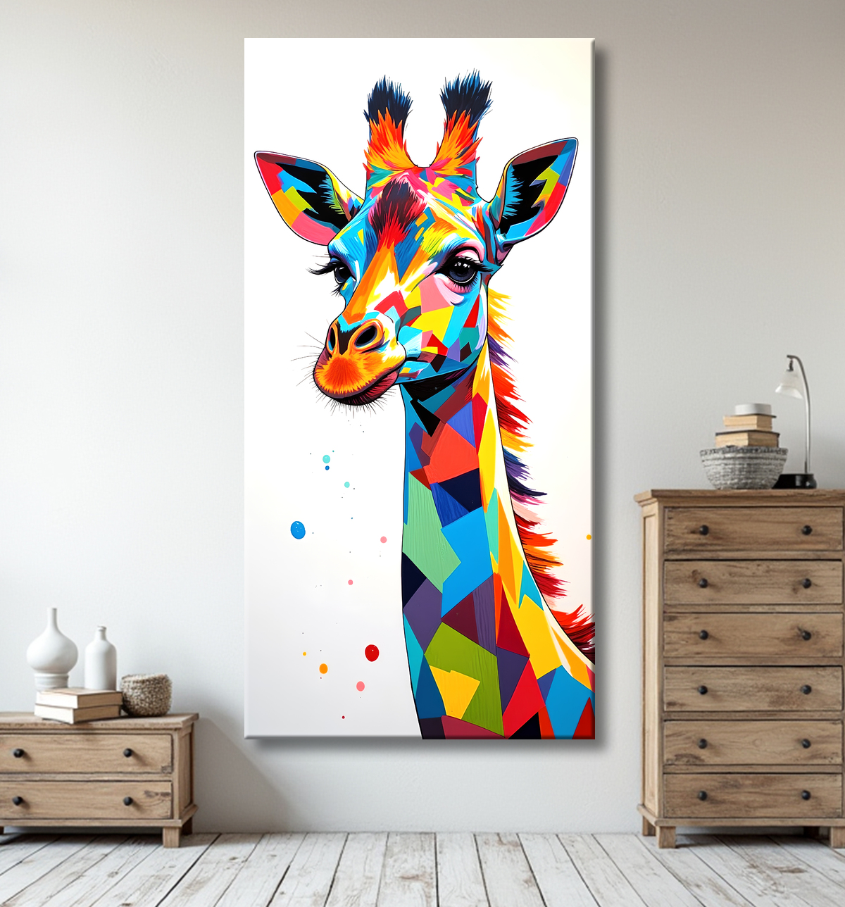 Une girafe dont la tête et le cou sont découpés en polygones de couleur posés bord à bord, sans trait de séparation. Fabrication entièrement française.