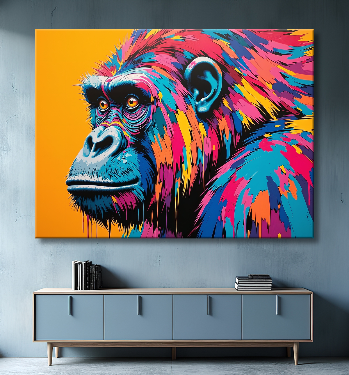 Portrait de gorille dans un style pop art graphique avec aplats de couleurs vives et contrastes tranchés. Tableau décoratif décliné en plusieurs versions colorées.