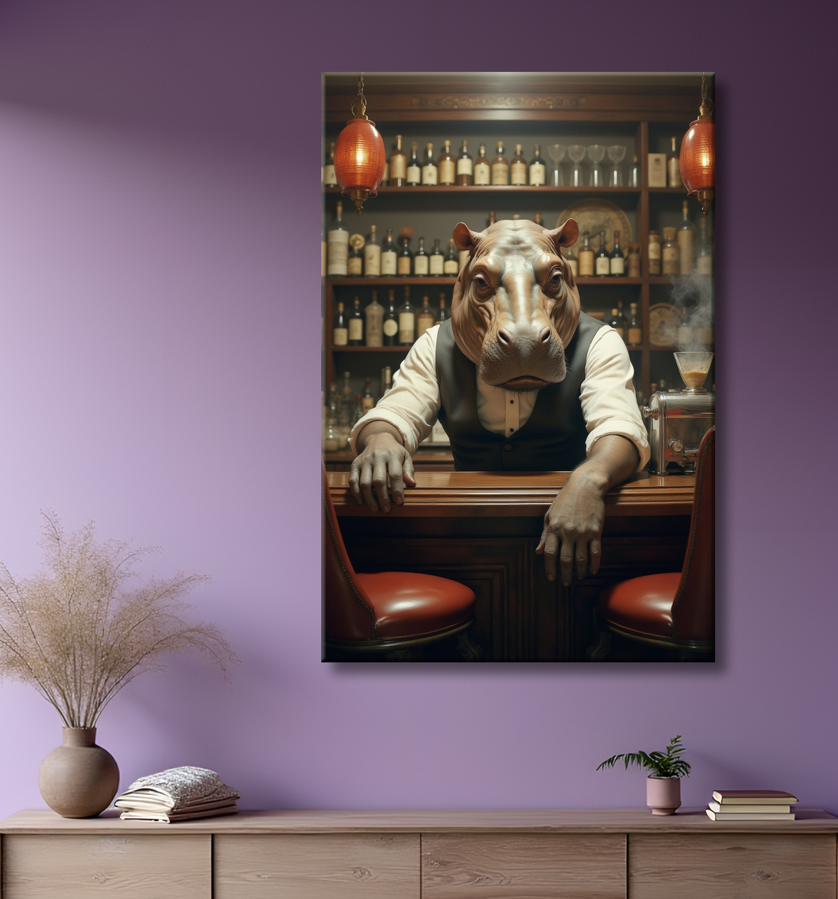 Tableau original d'un hippopotame anthropomorphique en serveur de bar vintage. Une œuvre unique, idéale pour décorer un bar ou un espace à thème.