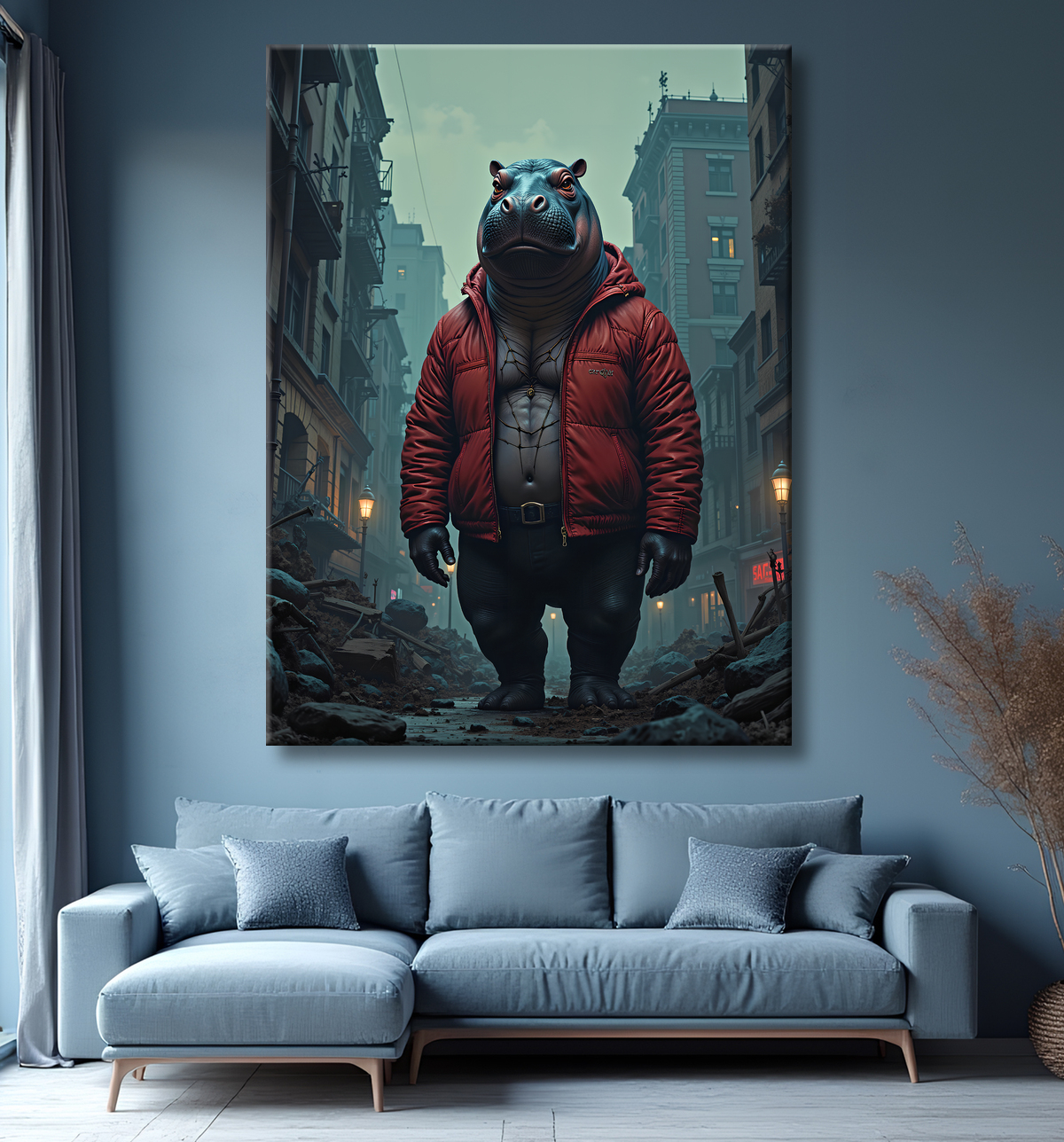 Tableau hippopotame super-héros | Décoration style hurbain et SF avec decor