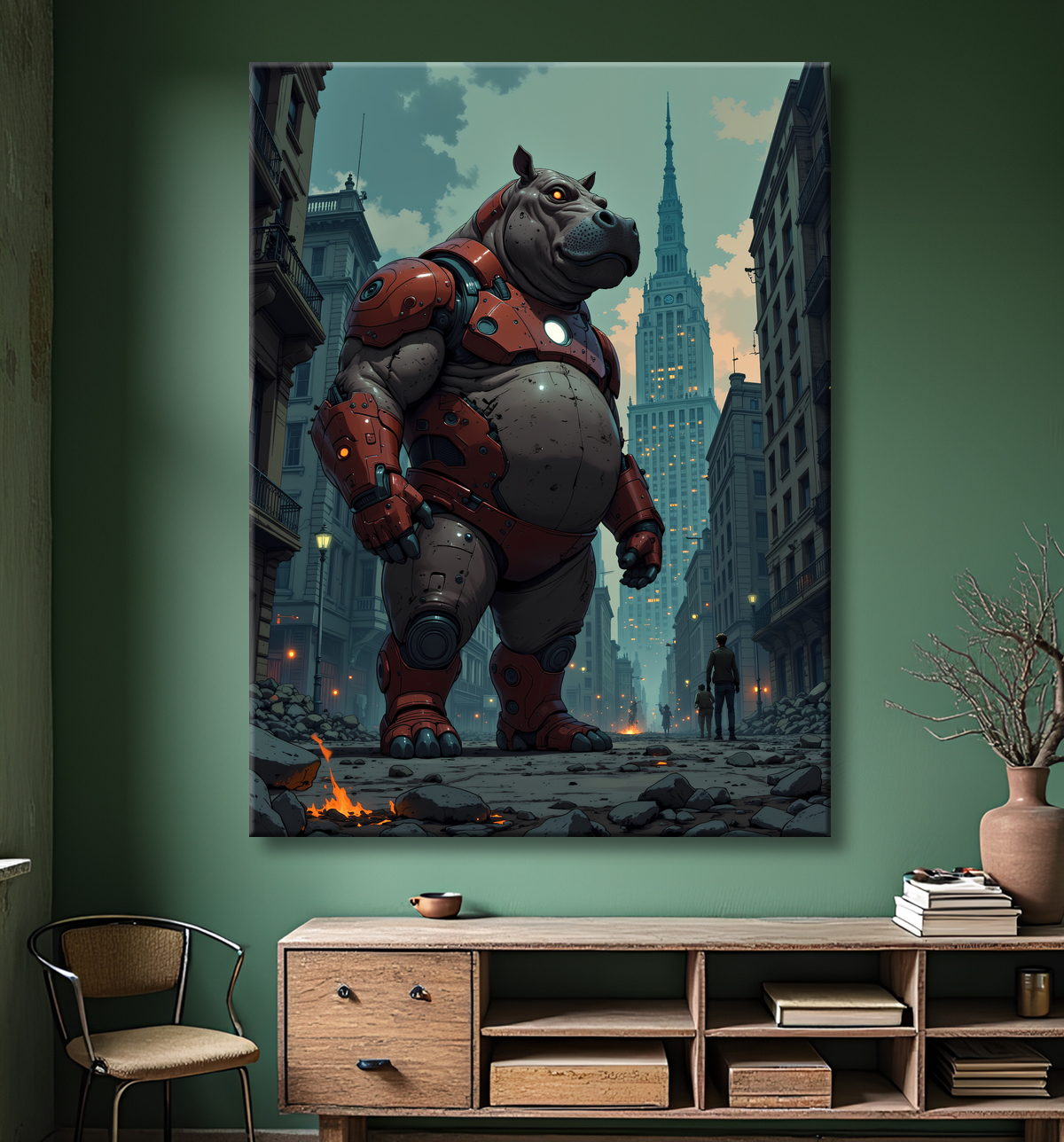 Tableau hippopotame en armure métallique rouge dans un décor urbain dévasté, parfait pour une décoration murale audacieuse et puissante.