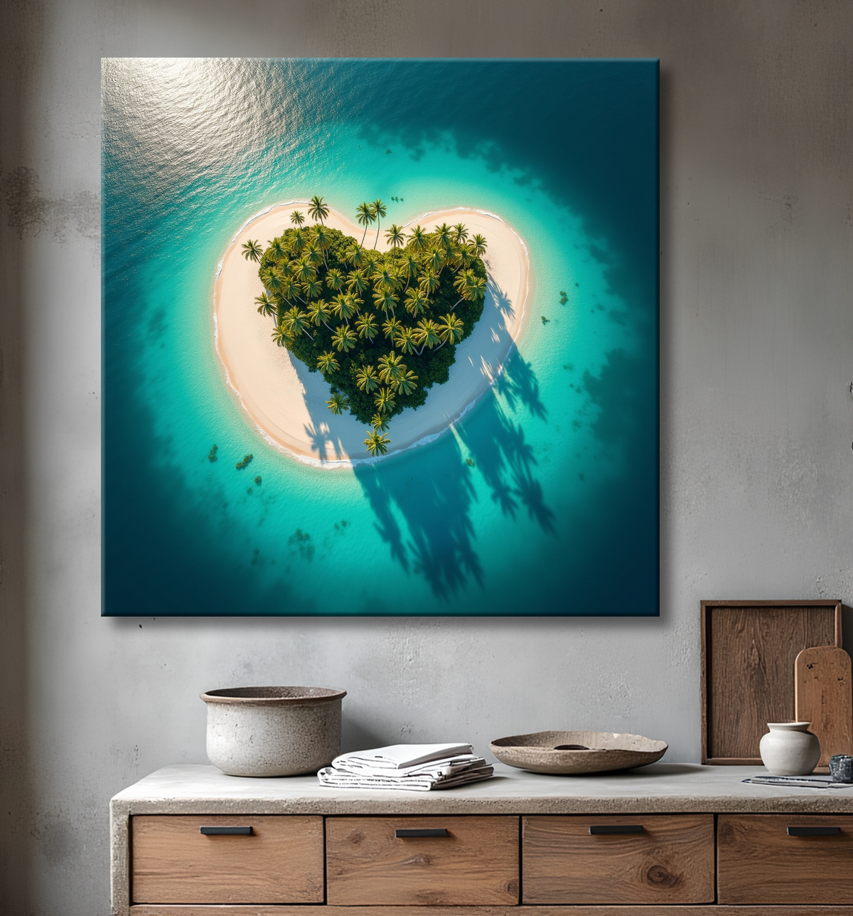 Tableau aérien unique représentant une petite île déserte bordée de plages blanches, entourée d'une mer turquoise. Décoration idéale pour une atmosphère exotique et relaxante.