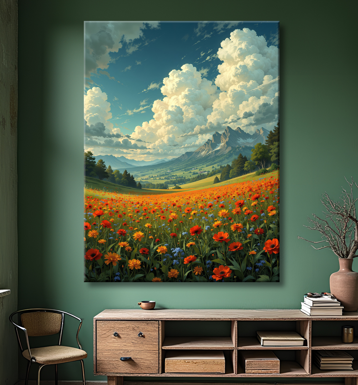 Illustration verticale d'un champ de coquelicots ouvrant sur une vallée puis sur un massif rocheux. Toile d'art de fabrication française.