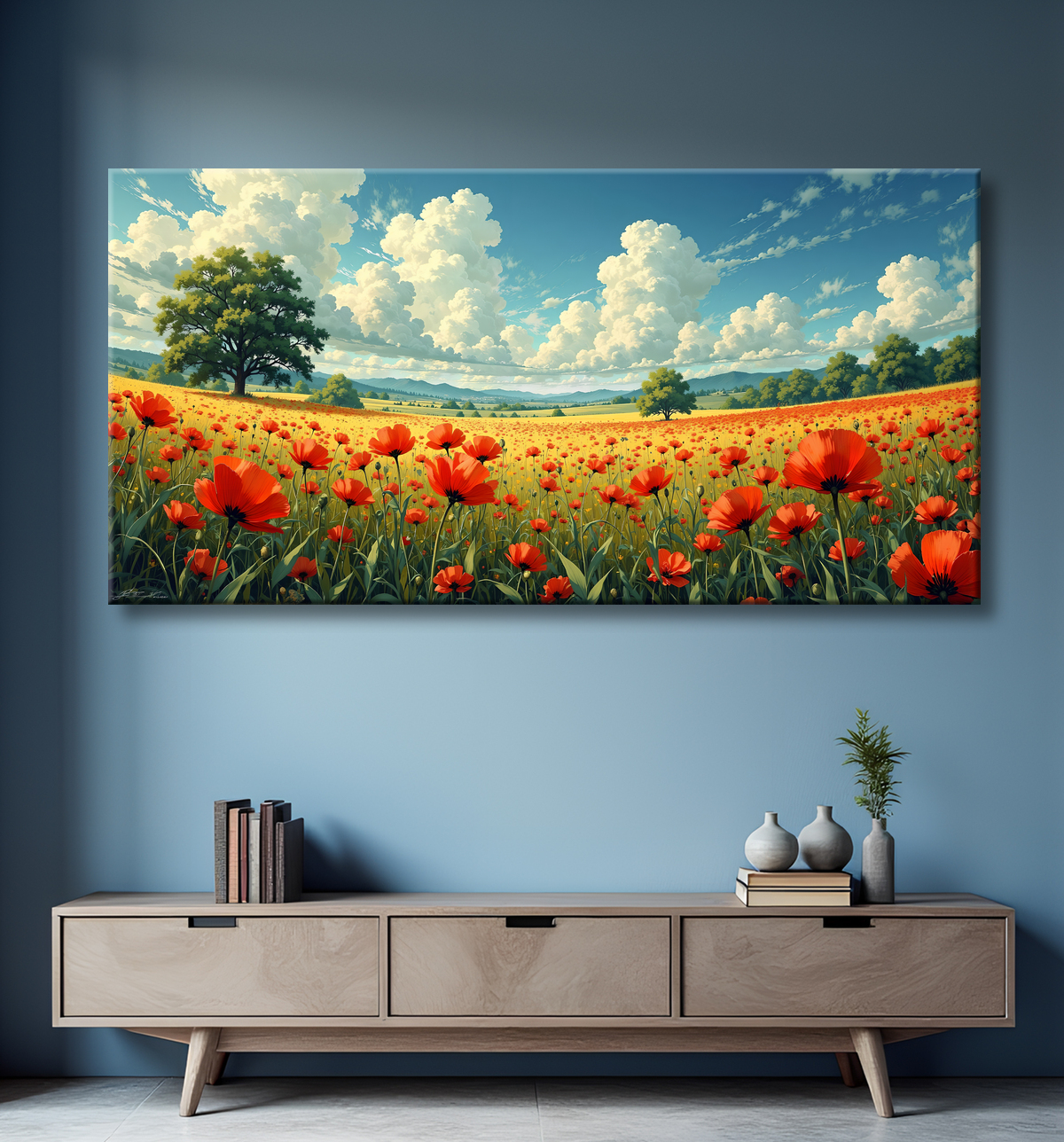 Tableau paysage de coquelicots colorés avec decor