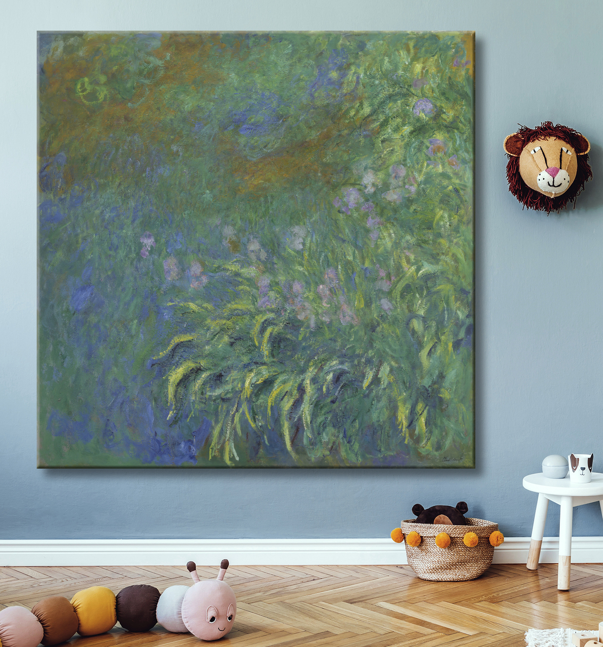 Reproduction sur toile de Iris par Claude Monet, œuvre monumentale de 200 cm peinte à Giverny pendant la Grande Guerre. Fabrication française.