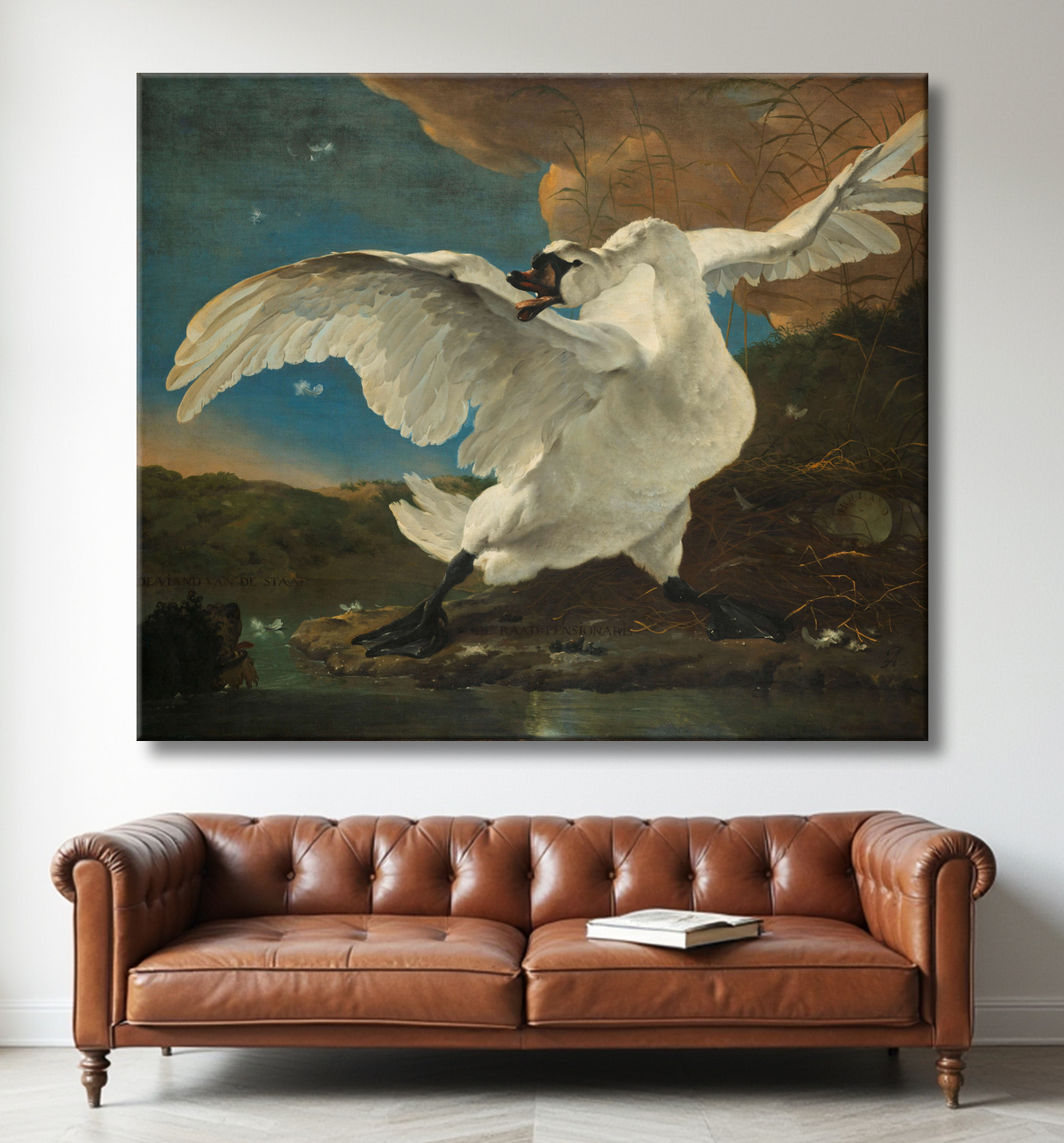 Toile fine art imprimée fabrication française ou poster encadré. Le cygne menacé. Le cygne en voie de disparition. Un cygne défend son nid avec des œufs contre un chien...