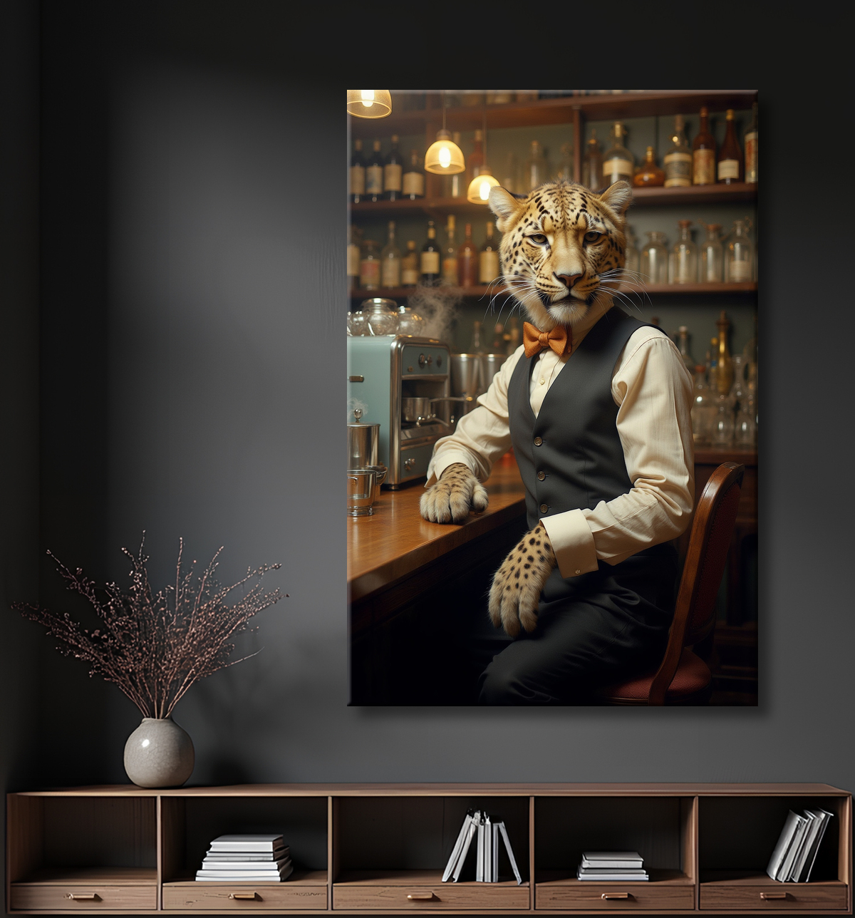 Tableau léopard serveur vintage - Animal anthropomorphe élégant dans un bar rétro avec decor