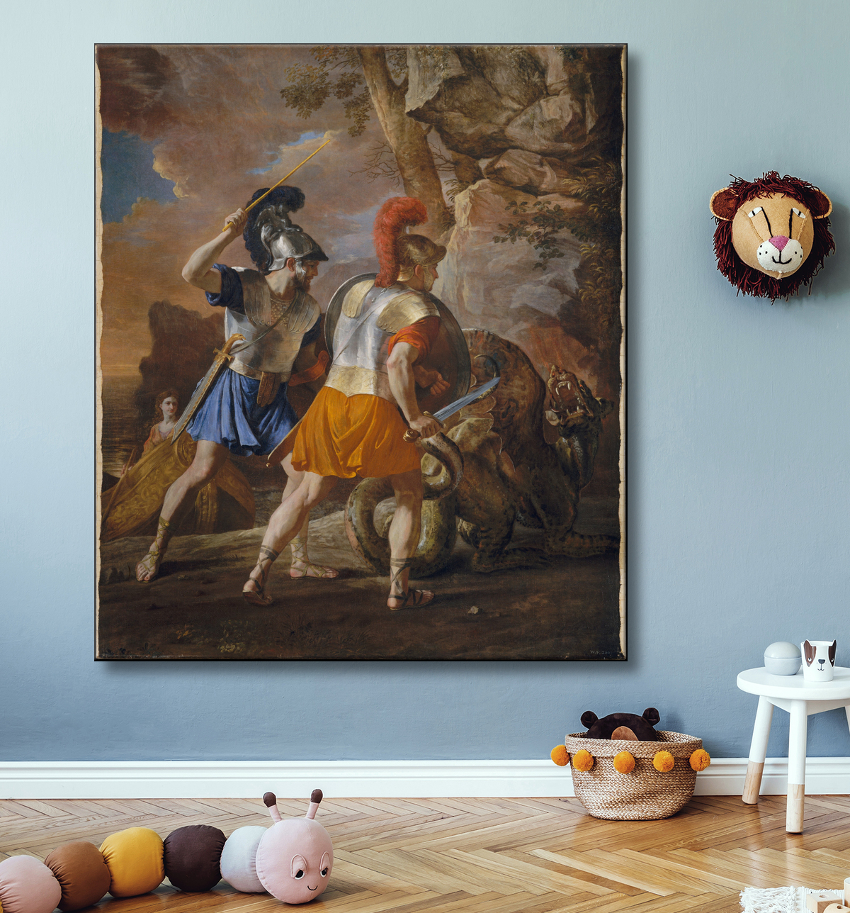 Reproduction sur toile des « Compagnons de Rinaldo » de Poussin, scène du Tasse conservée au Met. Fabrication française, impression d'art.