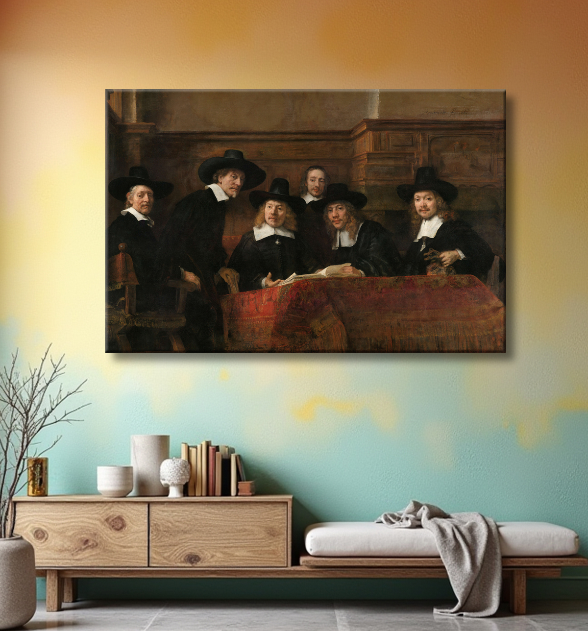 Reproduction Les responsables de l'échantillonnage de la guilde des drapiers d'Amsterdam, connus sous le nom de « les syndics » de Rembrandt van Rijn avec decor