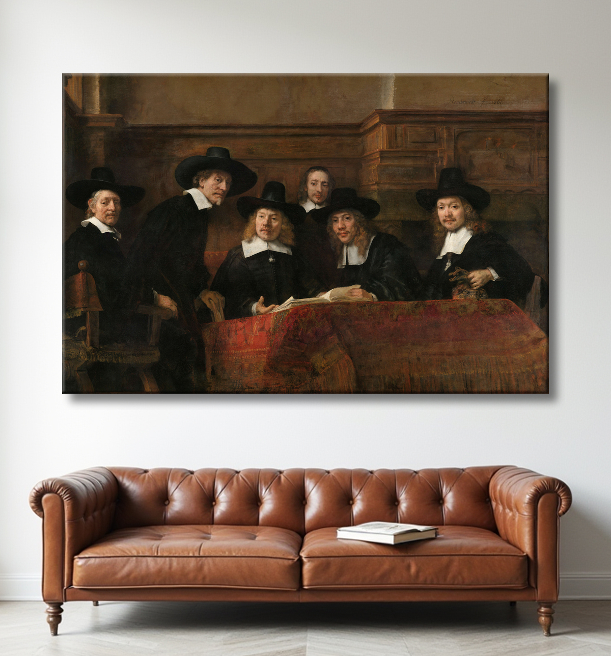 Reproduction Les responsables de l'échantillonnage de la guilde des drapiers d'Amsterdam, connus sous le nom de « les syndics » de Rembrandt van Rijn avec decor